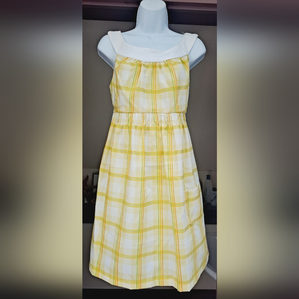 NWOT KAREN ELLE Nouveau Vintage Designs Yellow Plaid Empire Waist Mini Dress